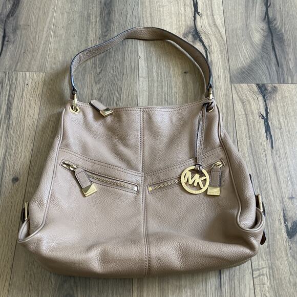 Michael Kors Handbag "Layton" Ivory Pebbled Leather Shoulder Bag Multi Pockets - Picture 1 of 11